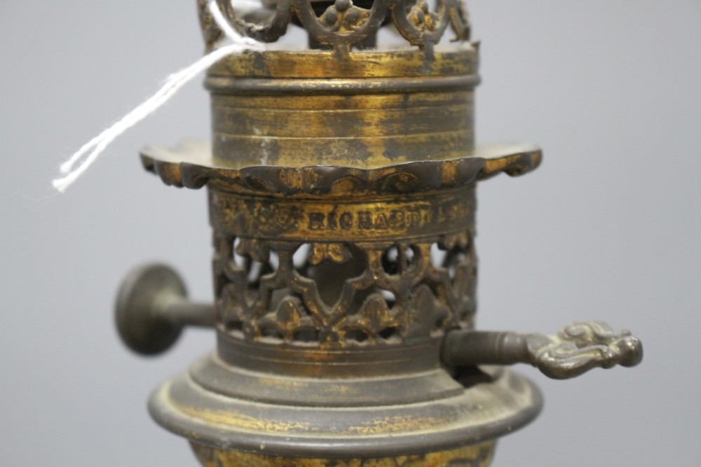 A Bohemian blue overlaid glass oil lamp base, painted with flowers, overall height 42.5cm